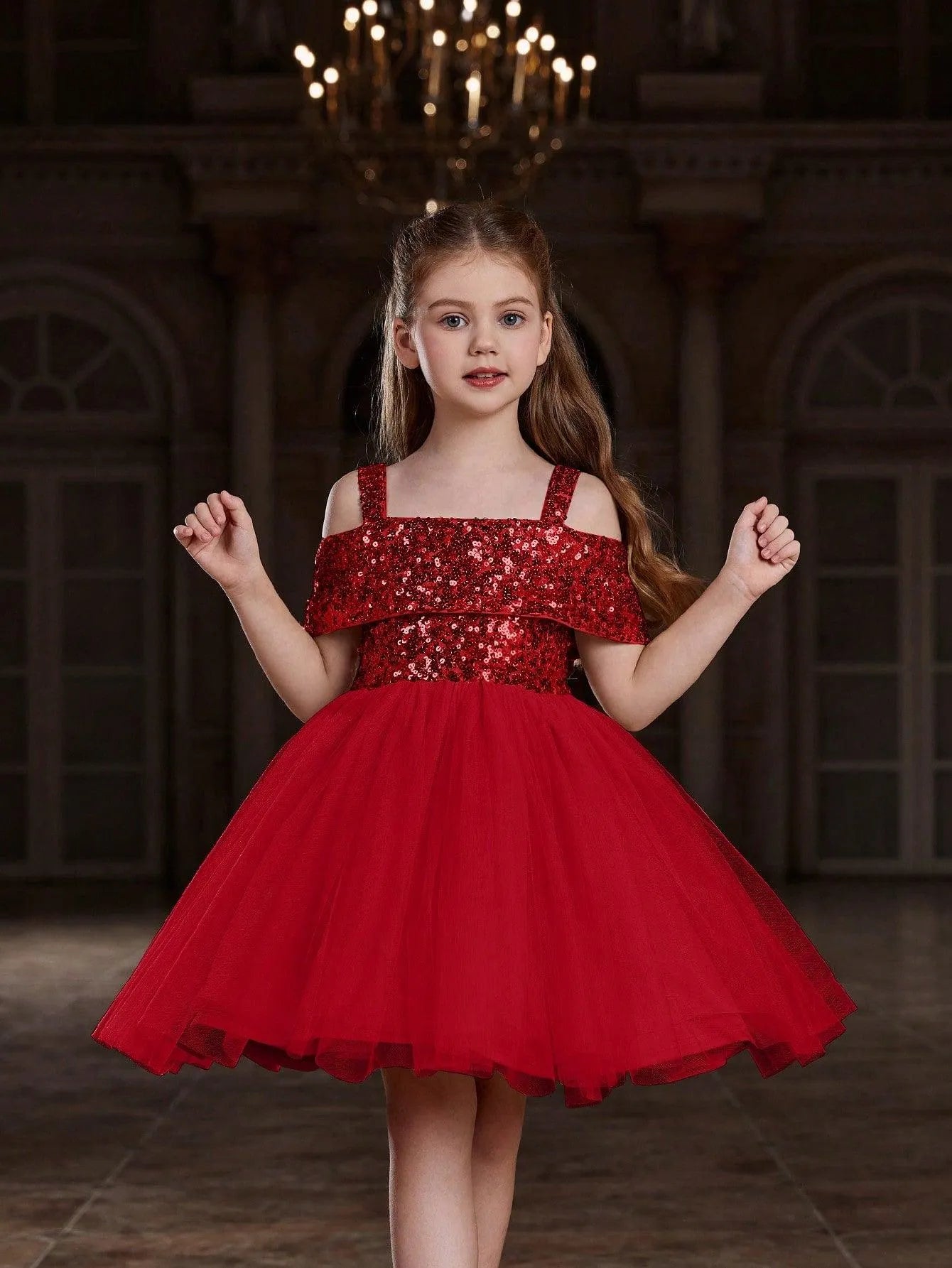 Alternate view of Off-Shoulder Sequin A-Line Short-Sleeve Midi Tween Girls' Party Dress in Red