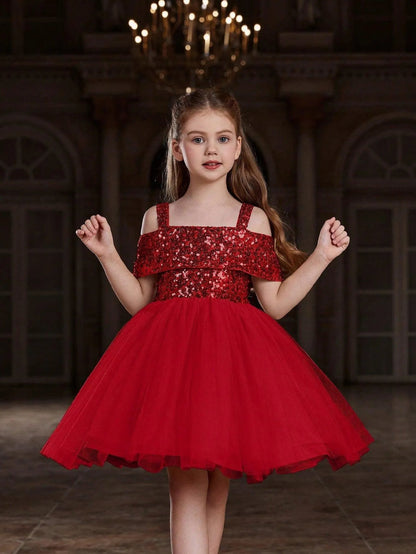 Alternate view of Off-Shoulder Sequin A-Line Short-Sleeve Midi Tween Girls' Party Dress in Red