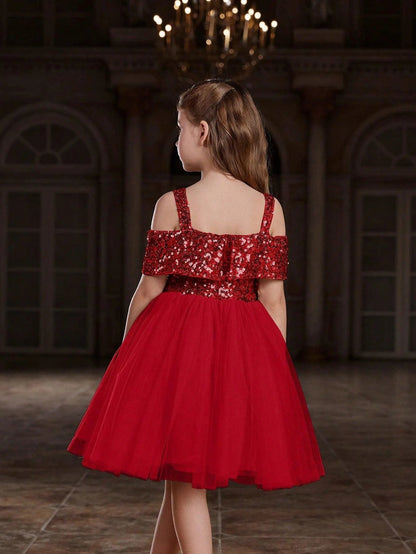 Additional product view of Off-Shoulder Sequin A-Line Short-Sleeve Midi Tween Girls' Party Dress