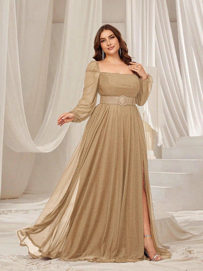 Plus Square Neck Lantern Sleeves Split Thigh Evening Dress – view 17