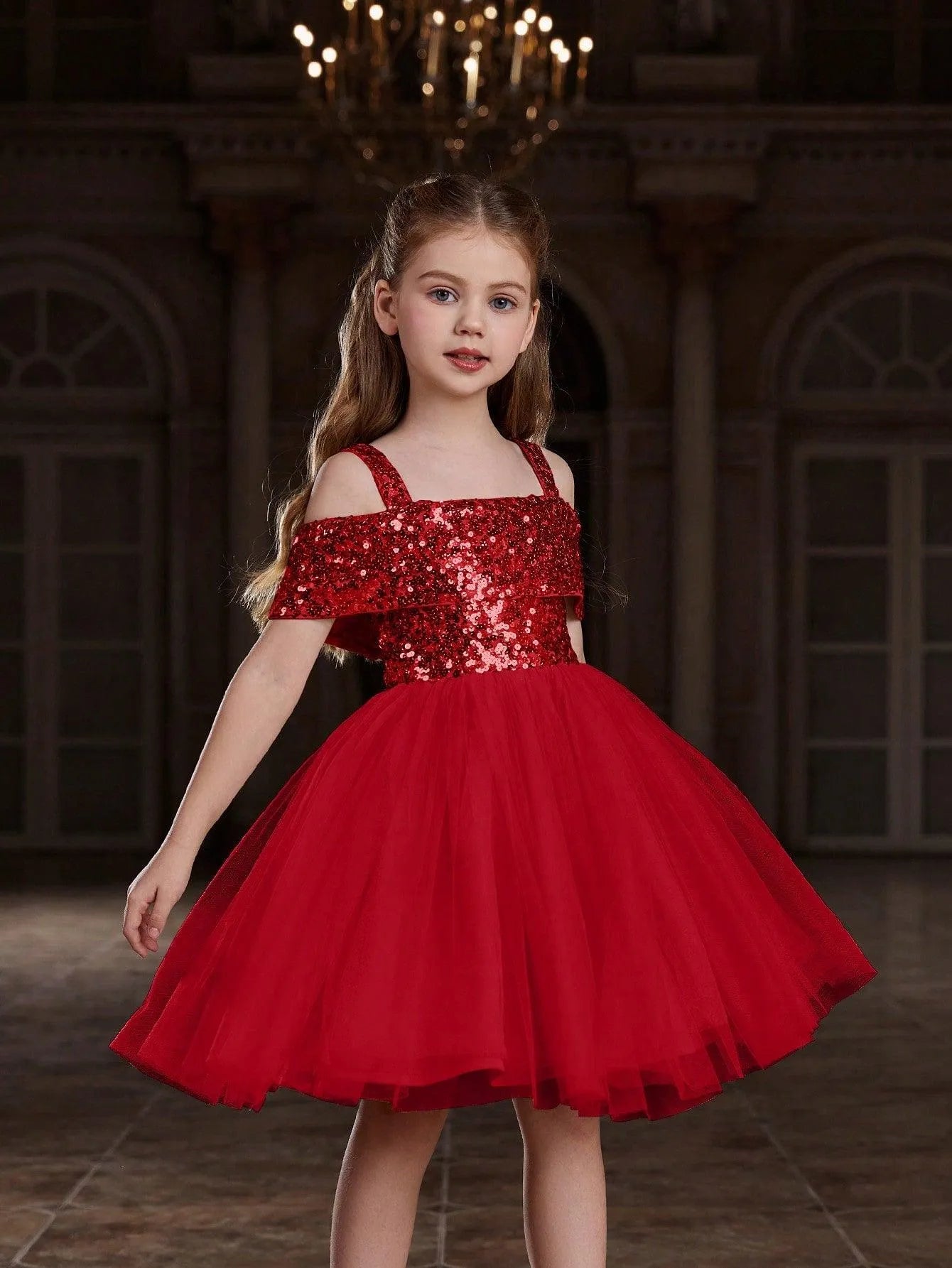 Additional product view of Off-Shoulder Sequin A-Line Short-Sleeve Midi Tween Girls' Party Dress