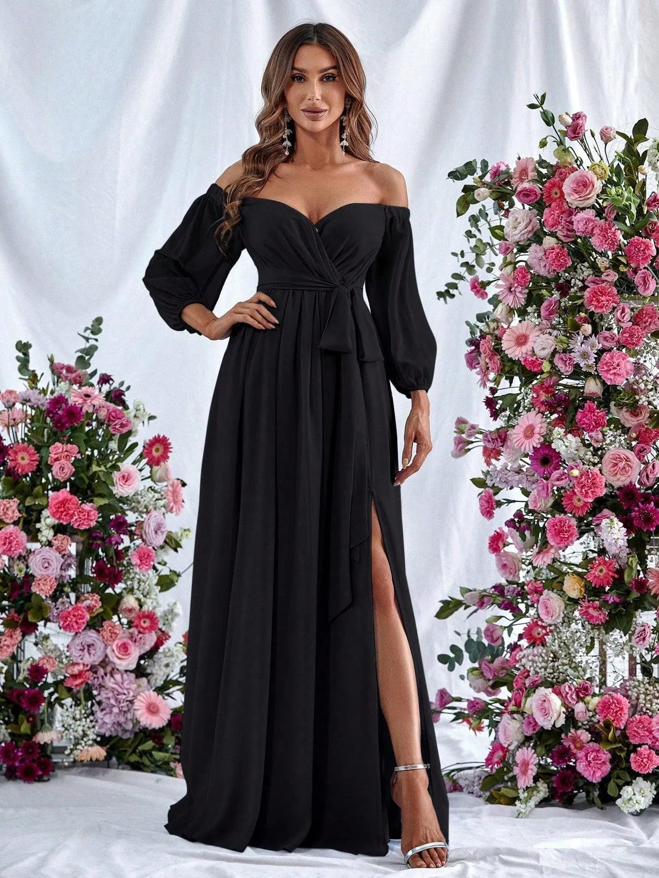 Alternate view of High-Slit Belted Off-Shoulder Chiffon A-Line Maxi Formal Dress in Black