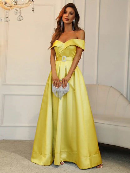Additional product view of Belted Off-Shoulder Satin High-Slit A-Line Evening Gown