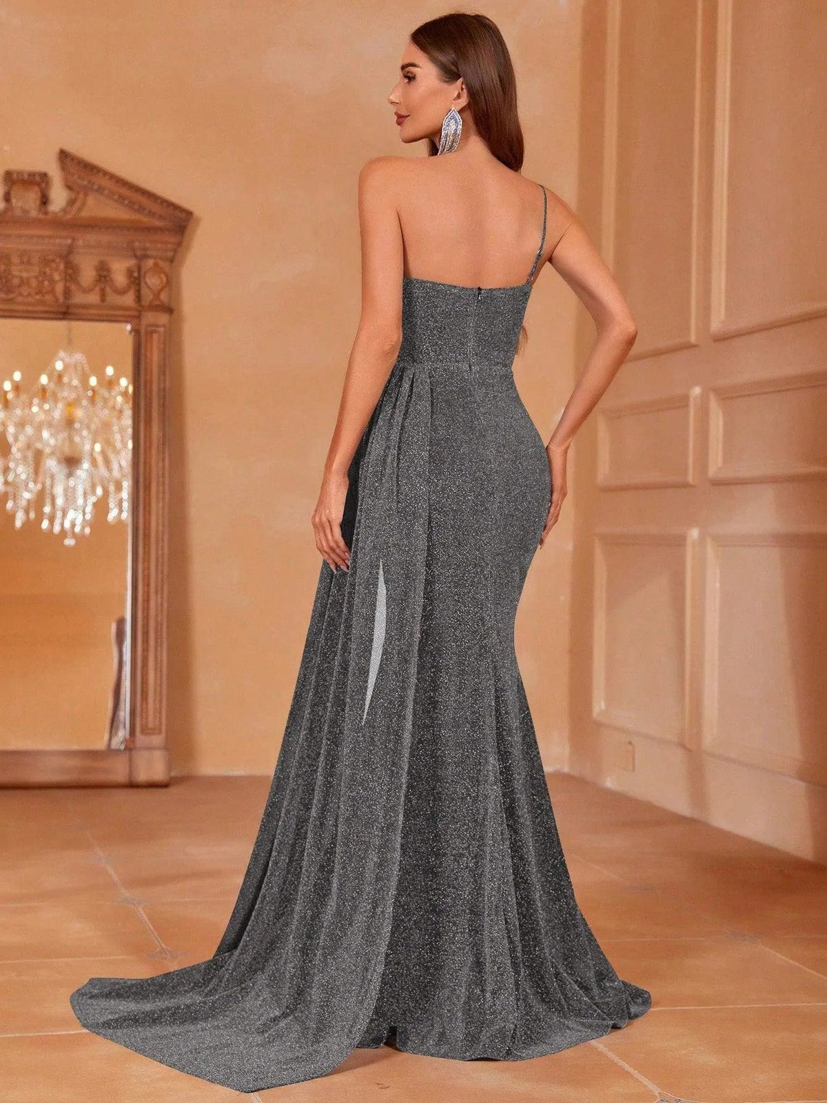 Additional product view of Draped Side High-Slit One-Shoulder Mermaid Sleeveless Evening Gown