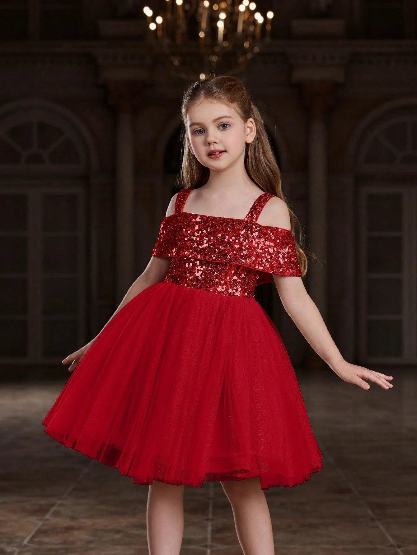 Additional product view of Off-Shoulder Sequin A-Line Short-Sleeve Midi Tween Girls' Party Dress