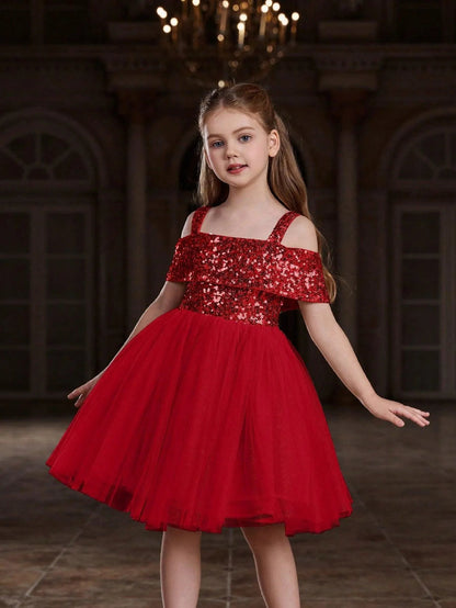 Additional product view of Off-Shoulder Sequin A-Line Short-Sleeve Midi Tween Girls' Party Dress