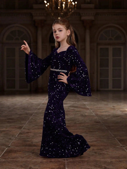 Additional product view of Bell-Sleeve Sweetheart-Neck Sequin Mermaid Maxi Tween Girls' Party Dress