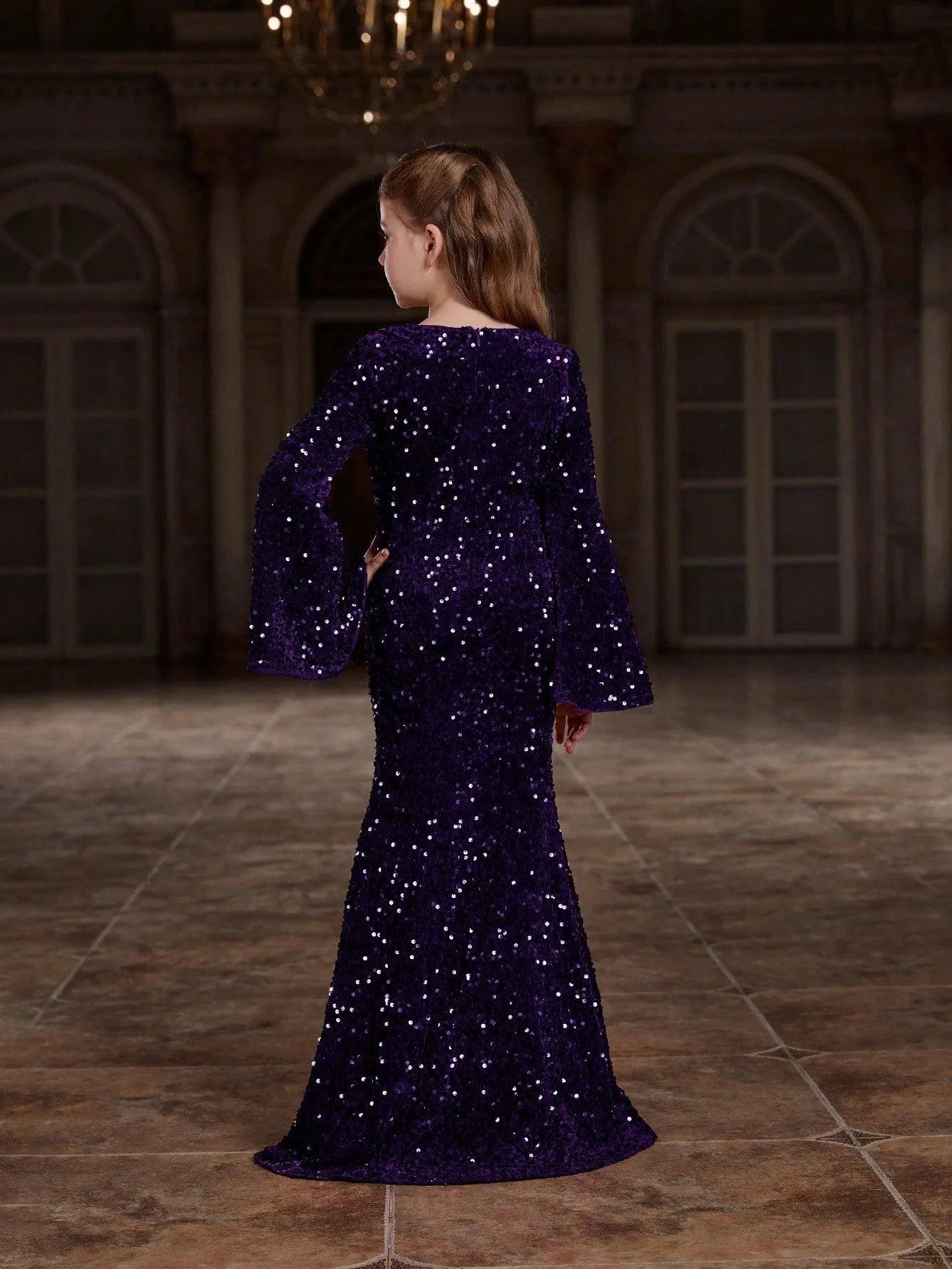 Additional product view of Bell-Sleeve Sweetheart-Neck Sequin Mermaid Maxi Tween Girls' Party Dress