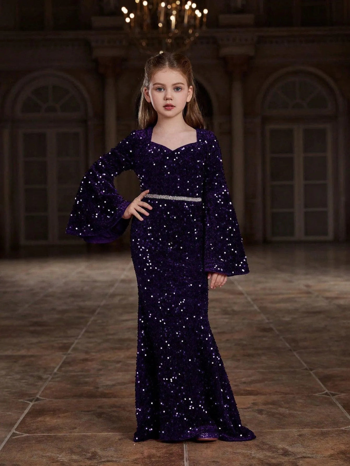 Additional product view of Bell-Sleeve Sweetheart-Neck Sequin Mermaid Maxi Tween Girls' Party Dress