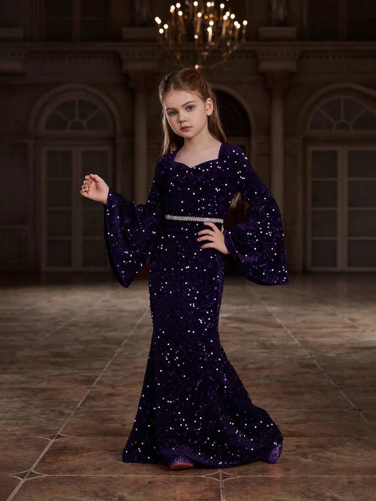 Alternate view of Bell-Sleeve Sweetheart-Neck Sequin Mermaid Maxi Tween Girls' Party Dress in Purple