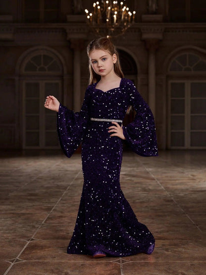 Alternate view of Bell-Sleeve Sweetheart-Neck Sequin Mermaid Maxi Tween Girls' Party Dress in Purple