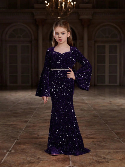 Additional product view of Bell-Sleeve Sweetheart-Neck Sequin Mermaid Maxi Tween Girls' Party Dress