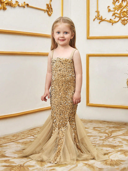 Young Girls' Sleeveless Mesh Overlay Sequin Mermaid Party Dress – view 13