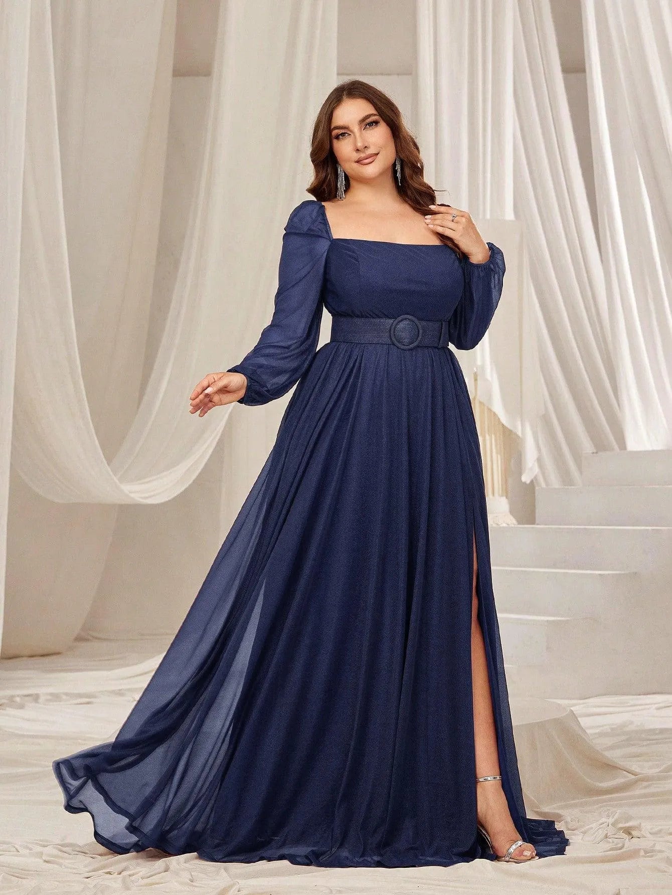 Plus Square Neck Lantern Sleeves Split Thigh Evening Dress – view 12