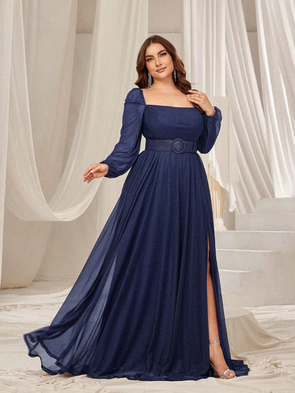 Plus Square Neck Lantern Sleeves Split Thigh Evening Dress – view 12