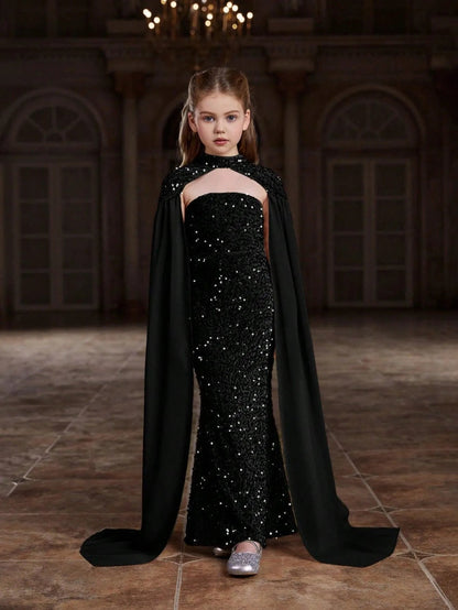 Alternate view of Strapless Sequin Mermaid Sleeveless Maxi Tween Girls' Party Dress in Black