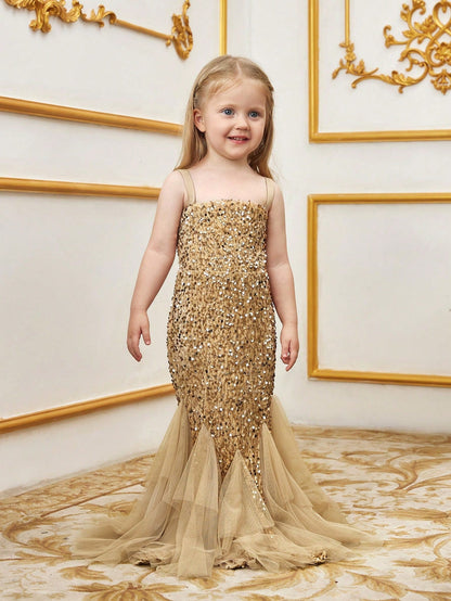 Young Girls' Sleeveless Mesh Overlay Sequin Mermaid Party Dress – view 9