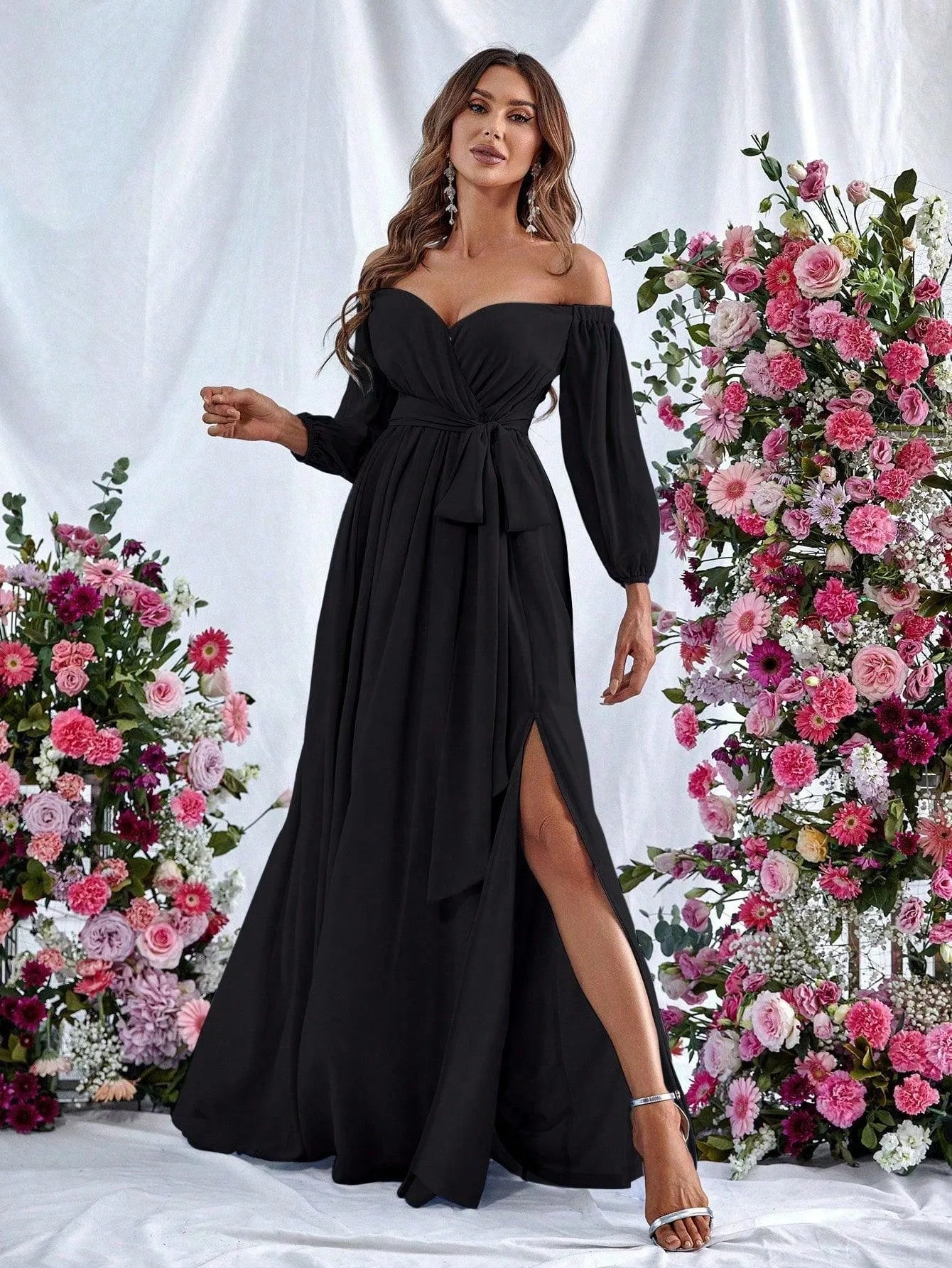 Additional product view of High-Slit Belted Off-Shoulder Chiffon A-Line Maxi Formal Dress