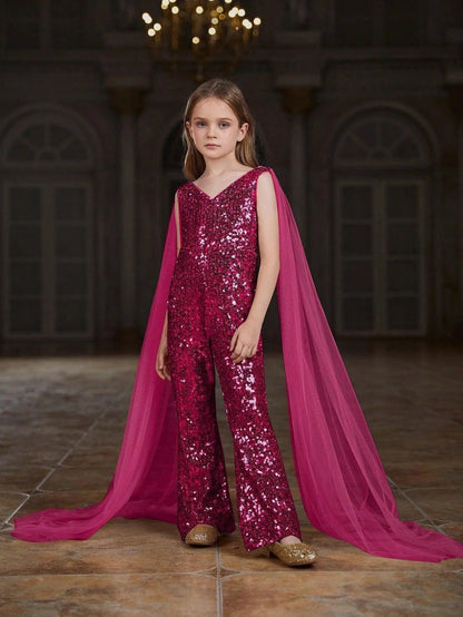 Alternate view of Cloak-Sleeve V-Neck Sequin Tween Girls' Party Jumpsuit in Hot Pink