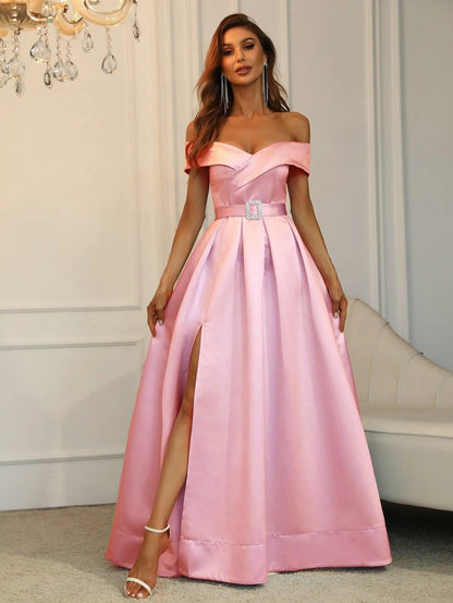Alternate view of Belted Off-Shoulder Satin High-Slit A-Line Evening Gown in Pink