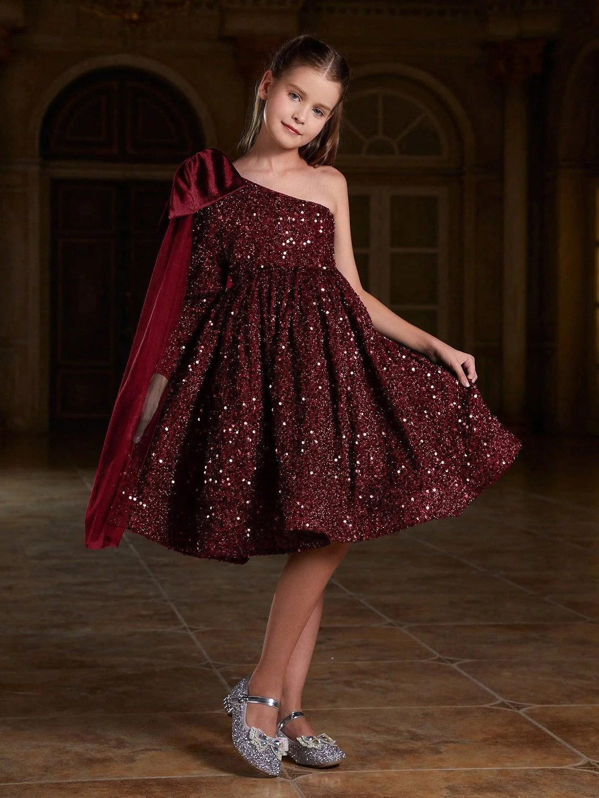 Alternate view of Bow Detail One-Shoulder Sequin A-Line Midi Tween Girls' Party Dress in Burgundy