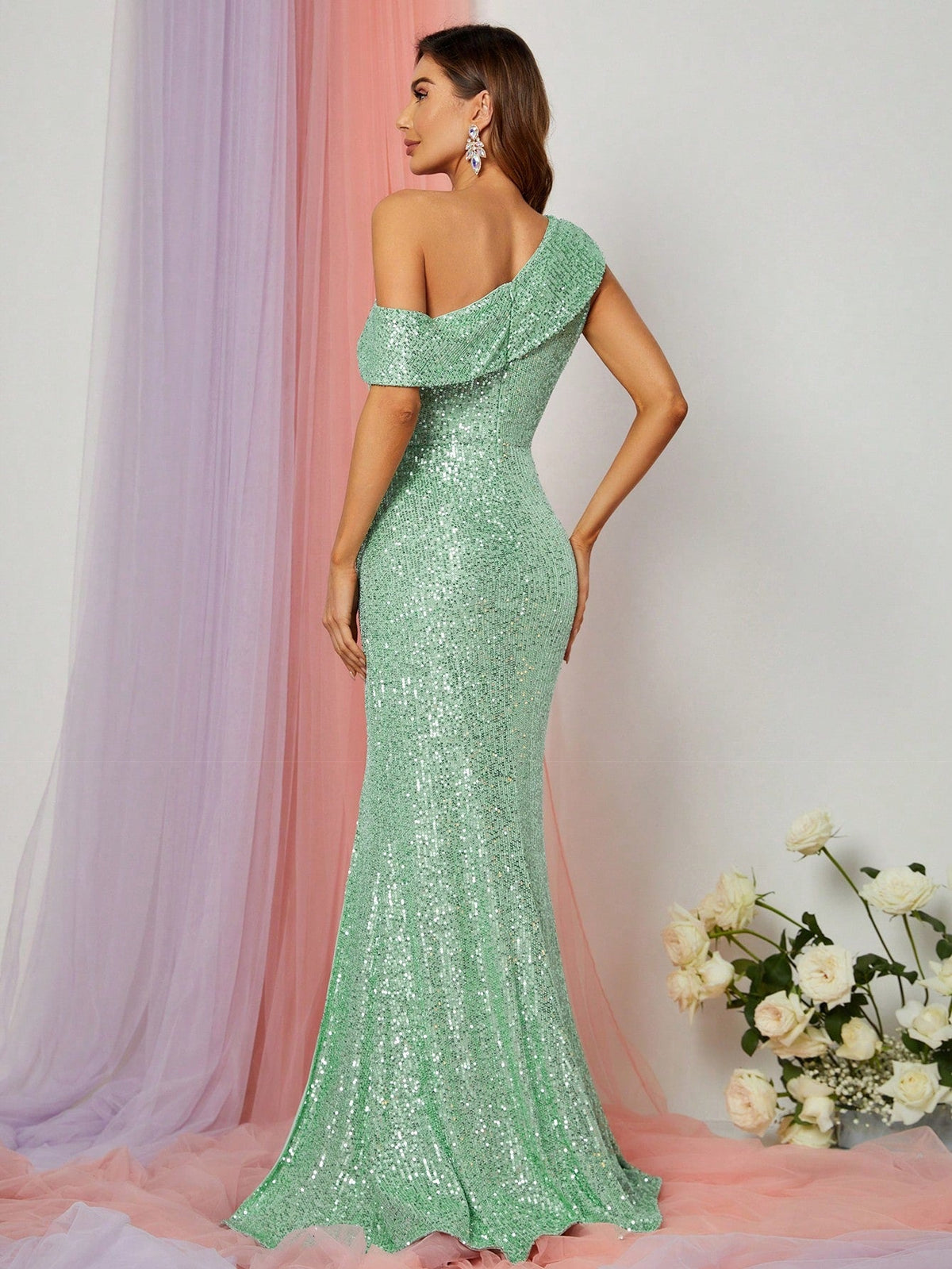 One-Shoulder Sequined Gown with Thigh-High Slit – view 6