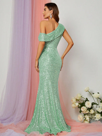 One-Shoulder Sequined Gown with Thigh-High Slit – view 6