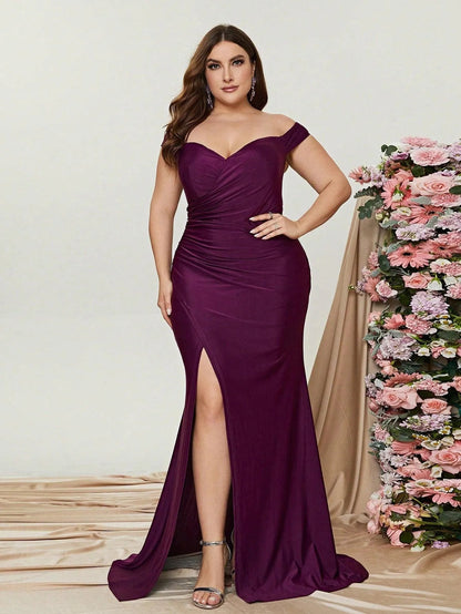Ruched Wrap Plus-Size Off-Shoulder Knit High-Slit Evening Gown in Purple