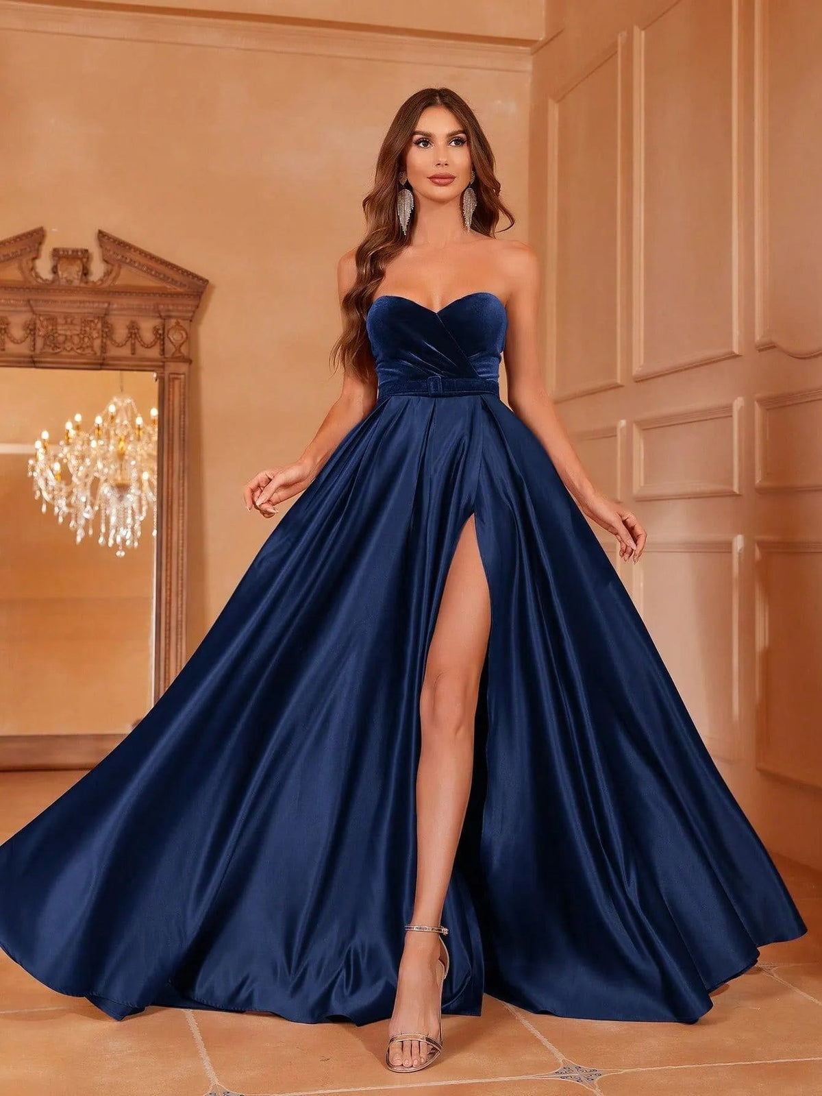 Velvet Bodice Strapless Satin High-Slit A-Line Evening Gown in Navy Blue