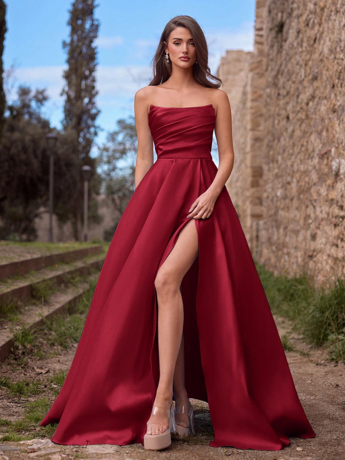 Additional view of Strapless Lace Satin Sleeveless A-Line Evening Gown