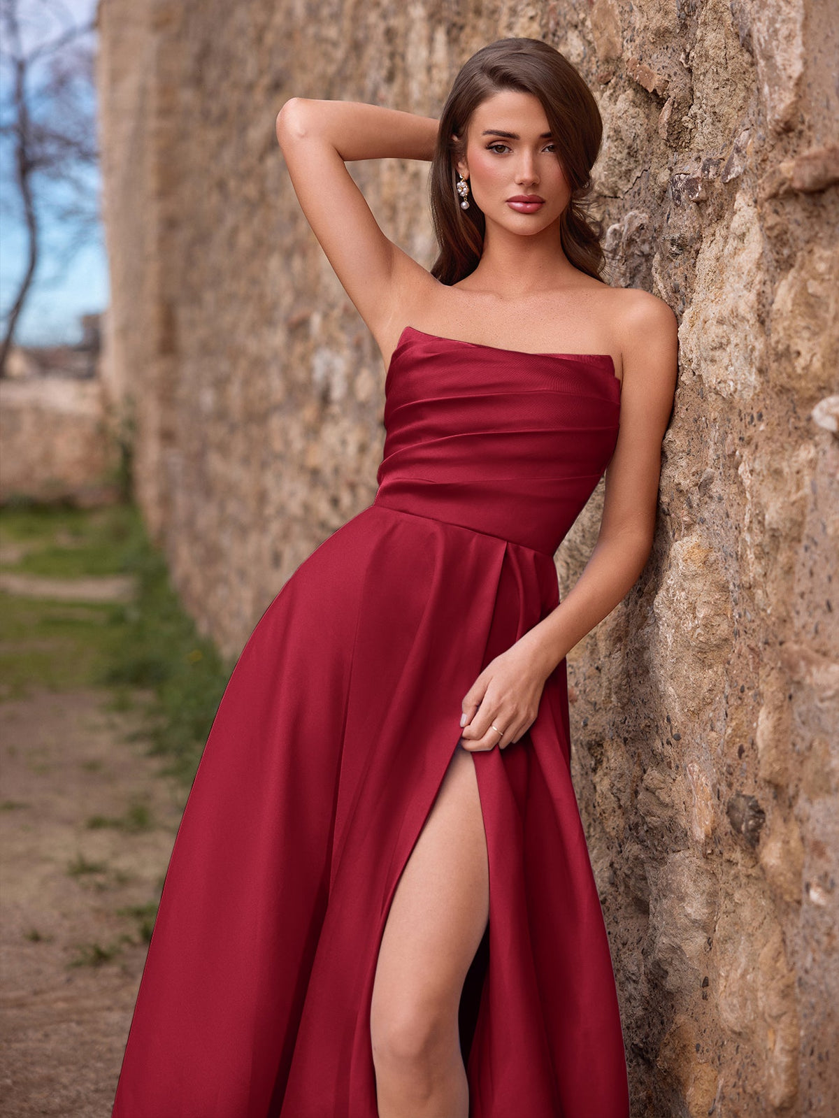 Additional view of Strapless Lace Satin Sleeveless A-Line Evening Gown