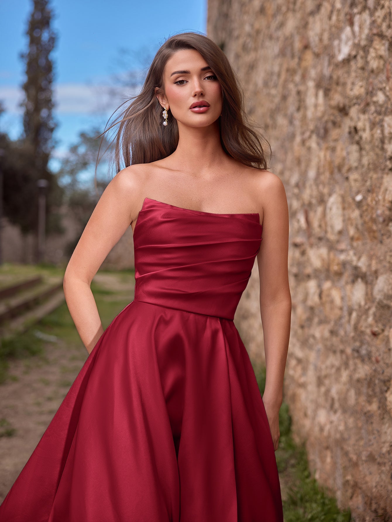 Additional view of Strapless Lace Satin Sleeveless A-Line Evening Gown