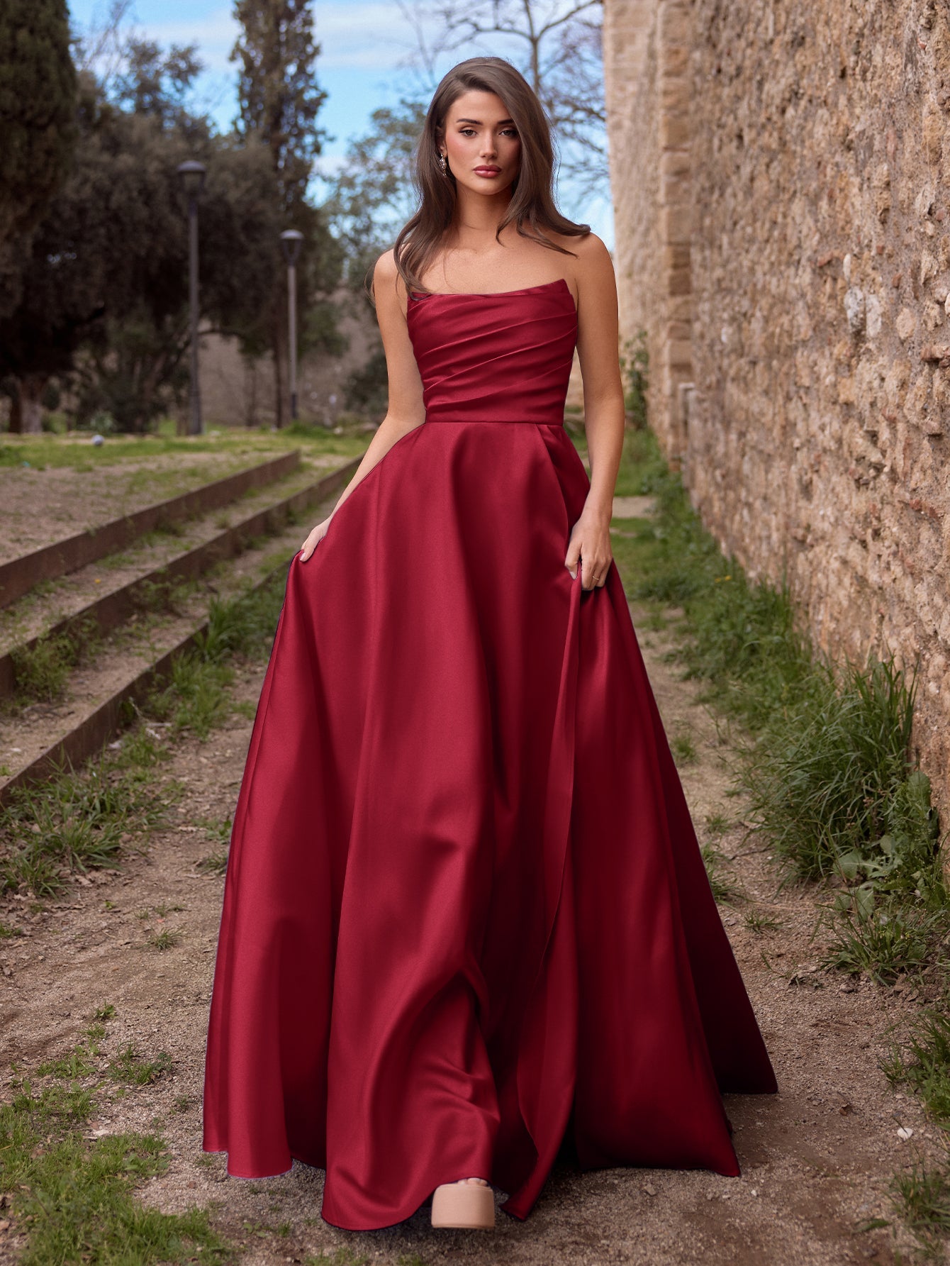 Additional view of Strapless Lace Satin Sleeveless A-Line Evening Gown